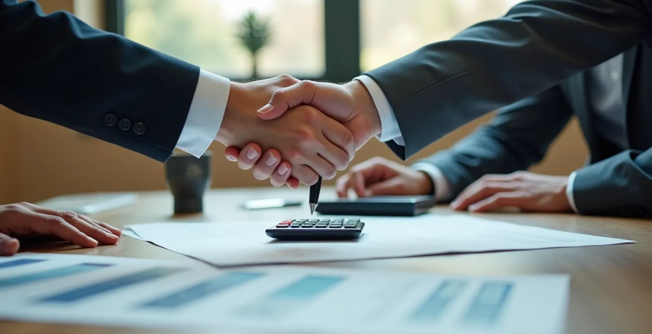 Beratungssituation zwischen Anwalt und Mandant mit Kostenaufstellung