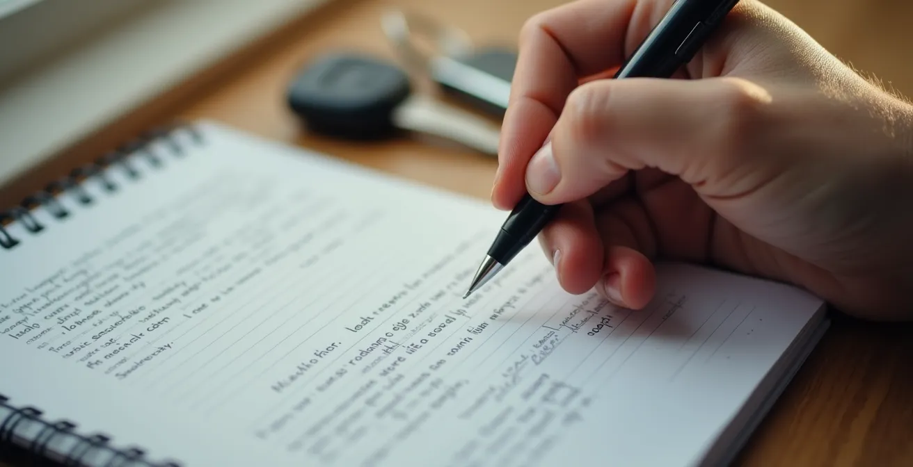 Nahaufnahme einer Hand, die Notizen in einem Fahrtenbuch macht, mit unscharfem Autoschlüssel im Hintergrund