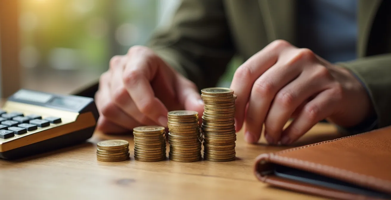 Hand stapelt Münzen neben Taschenrechner und Versicherungsdokumenten