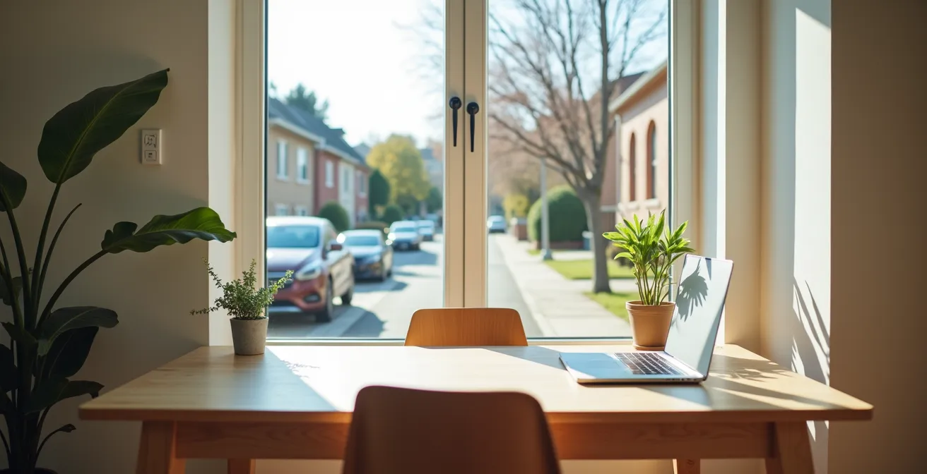 Weitwinkelaufnahme eines modernen Homeoffice-Arbeitsplatzes mit Blick durchs Fenster auf eine ruhige Wohnstraße