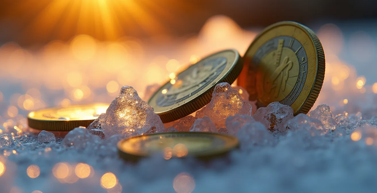 Darstellung des schleichenden Kaufkraftverlusts durch Inflation über Zeit in Form einer schmelzenden Münze.