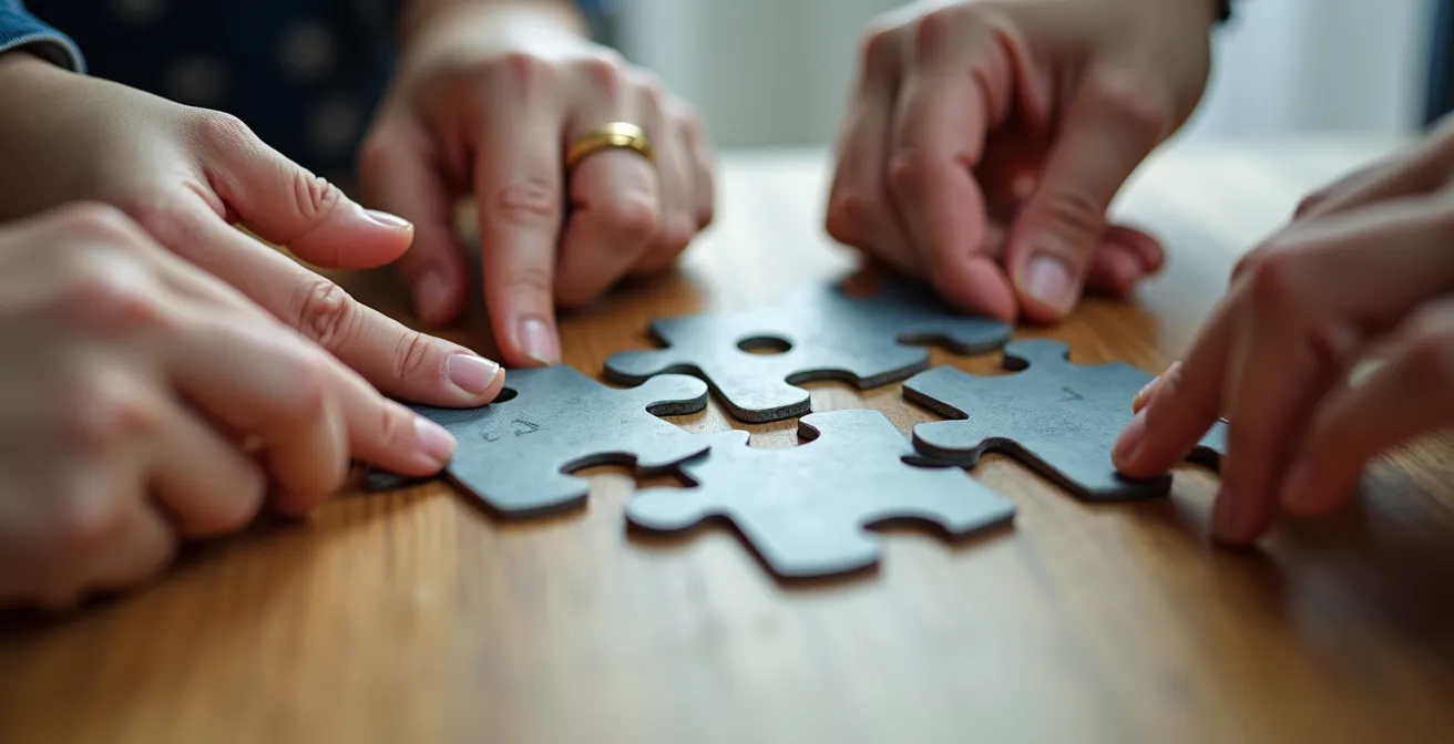 Nahaufnahme von Händen verschiedener Personen, die gemeinsam ein Puzzle zusammensetzen