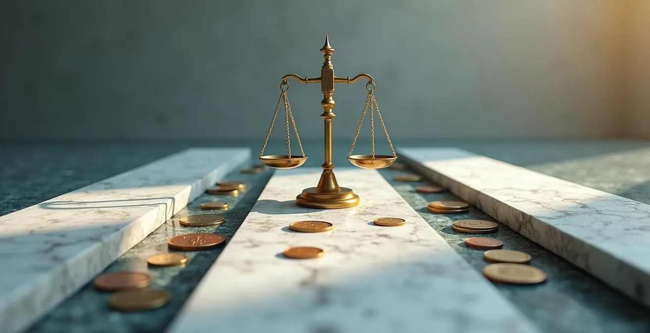 Symbolische Darstellung verschiedener Finanzierungsmöglichkeiten für Gerichtsprozesse