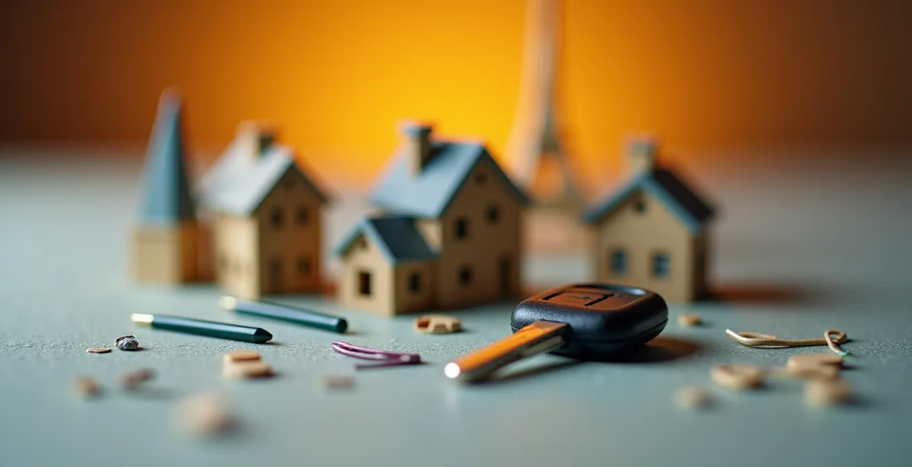 Makroaufnahme verschiedener symbolischer Objekte die Rechtsschutz-Module repräsentieren