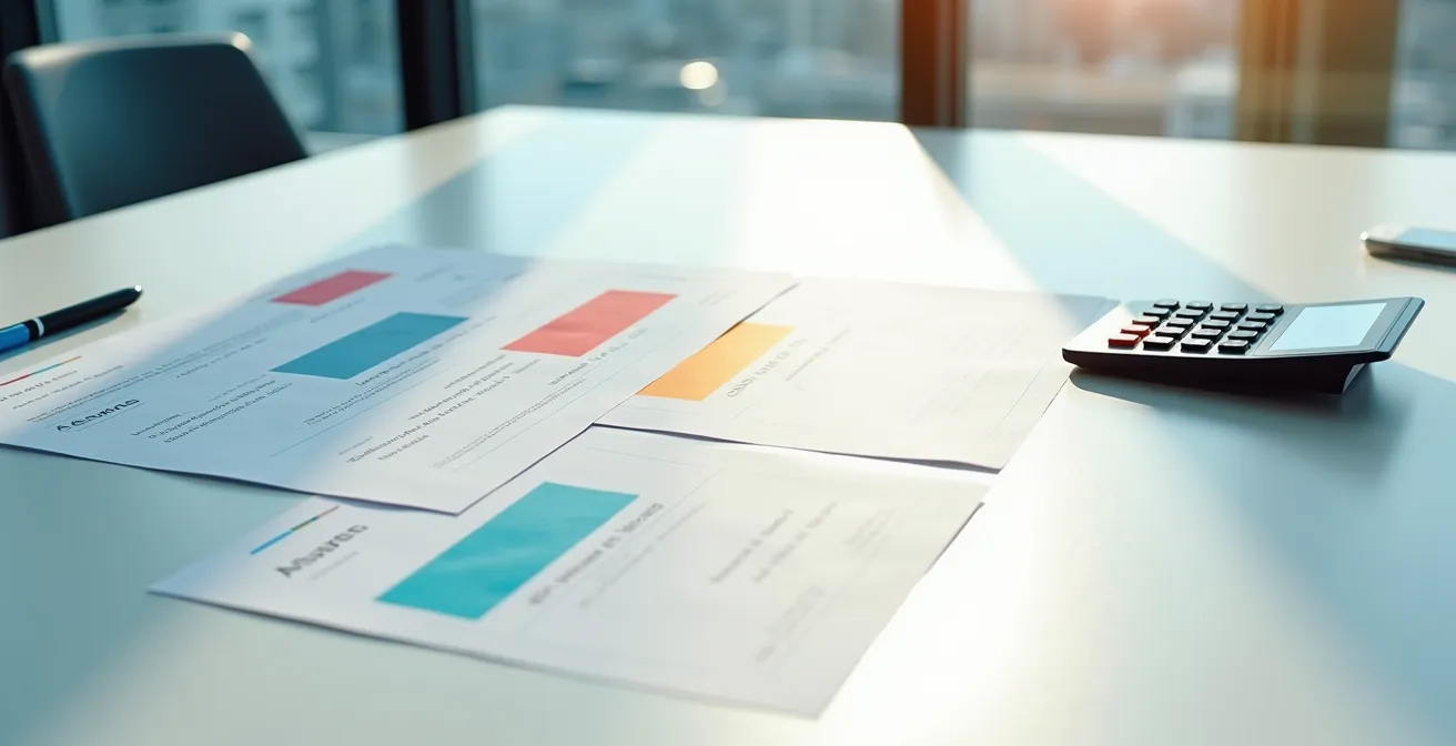 Minimalistisches Büro mit Versicherungsunterlagen und Taschenrechner