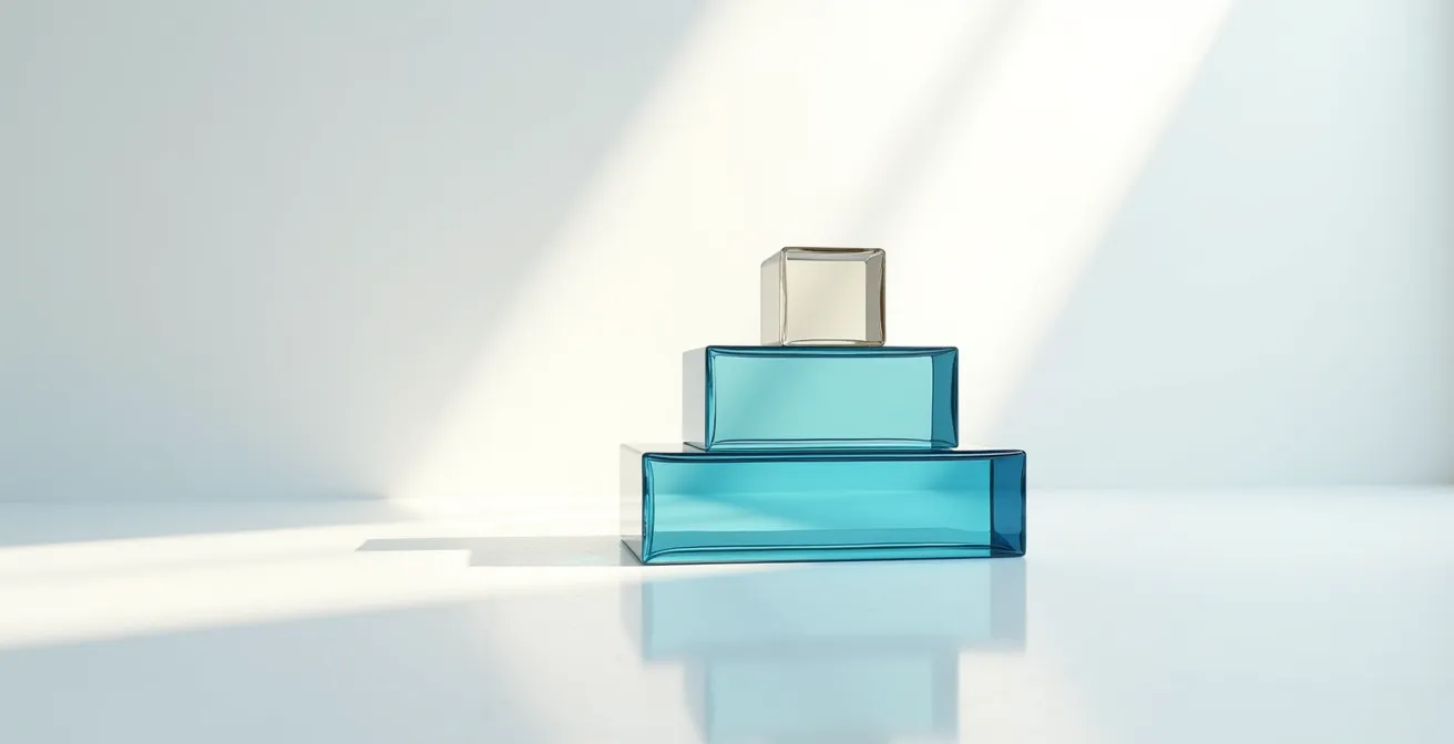 Dreistufige Pyramide aus Glasblöcken symbolisiert Versicherungsprioritäten