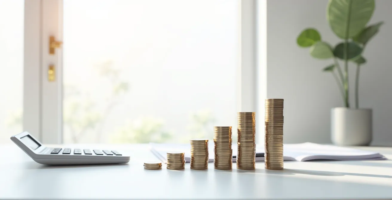 Eine pyramidenförmige Darstellung verschiedener Kostenpositionen eines Rechtsstreits mit Münzen und Dokumenten