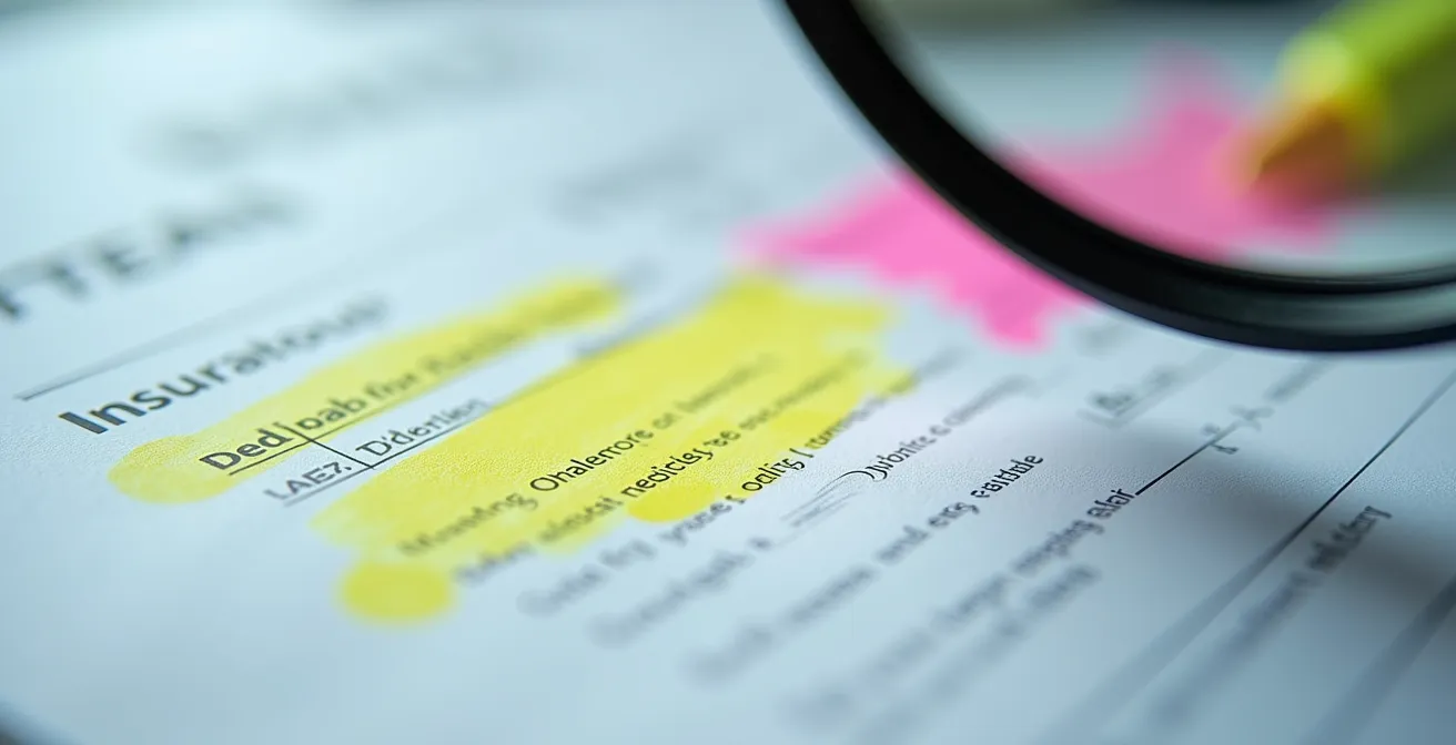 Makroaufnahme von Versicherungsdokument-Details mit Highlighter-Markierungen