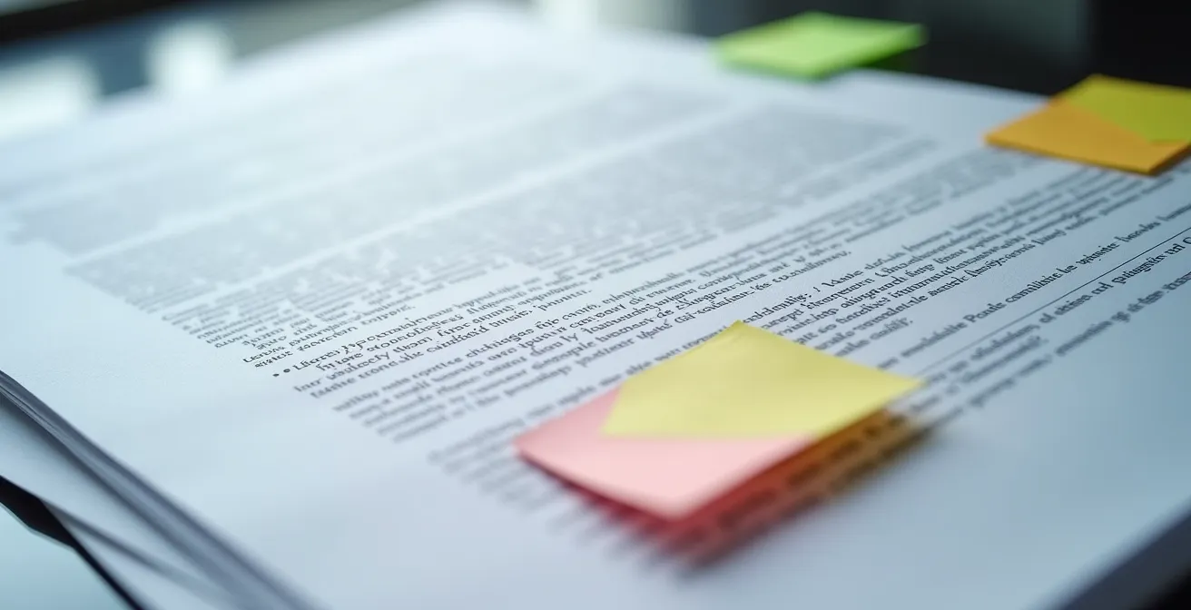 Detailaufnahme von Vertragsklauseln mit Markierungen kritischer Haftungspassagen