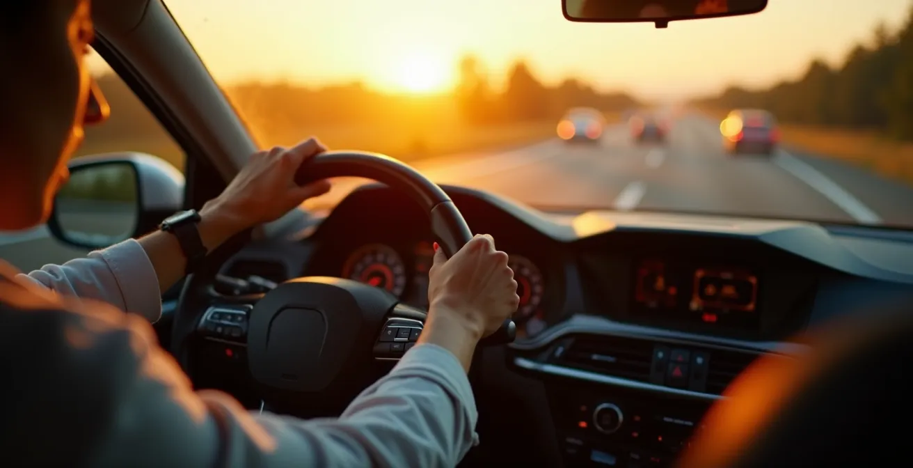 Hände eines Berufspendlers am Lenkrad während einer langen Autobahnfahrt bei Sonnenuntergang, was die Situation eines Vielfahrers symbolisiert.