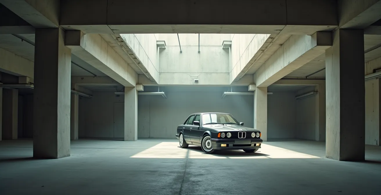 Visualisierung des wirtschaftlichen Schwellenwerts bei der Versicherungswahl eines älteren Autos in einer Tiefgarage.